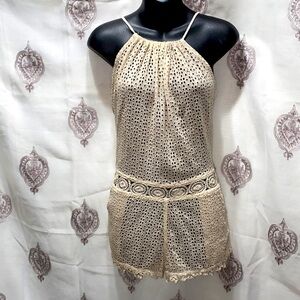 SUNDAY TROPEZ EYELET ROMPER SILK/COTTON REAR TIE CROCHET DECOR SZ S